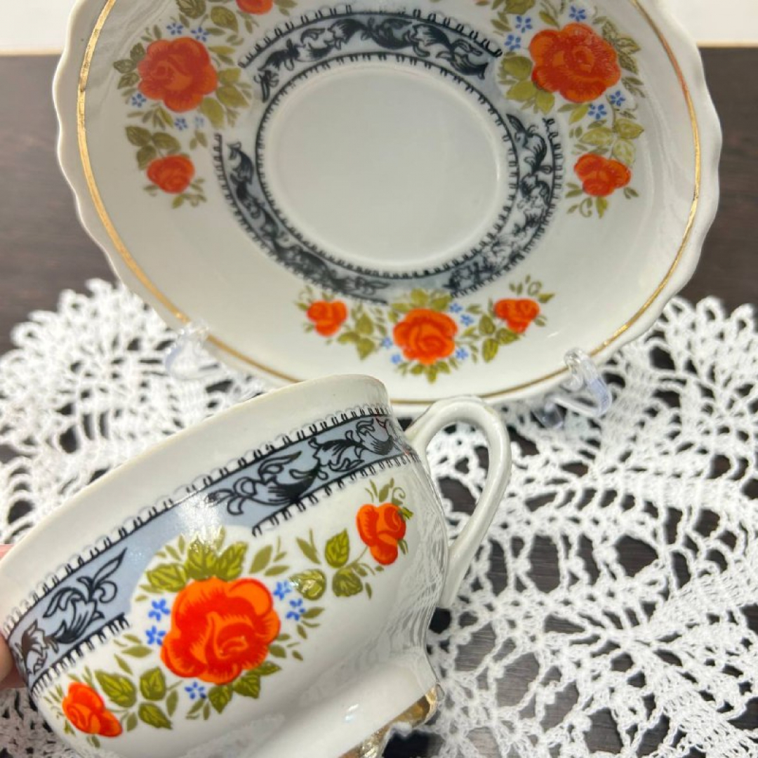 Чайная пара Довбышского ФЗ 1974-84гг Фарфор с цветочной деколью "Розы", золото. Картинка 6